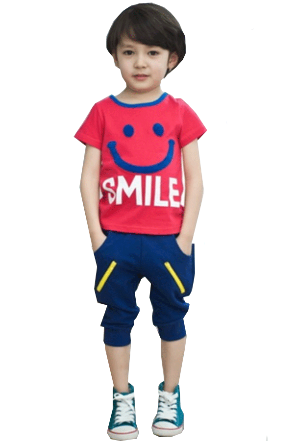 ชุดเสื้อเด็กชาย  เสื้อ+กางเกง  สีแดงสกรนลายยิ้ม สำหรับเด็ก 4-10 ปี 