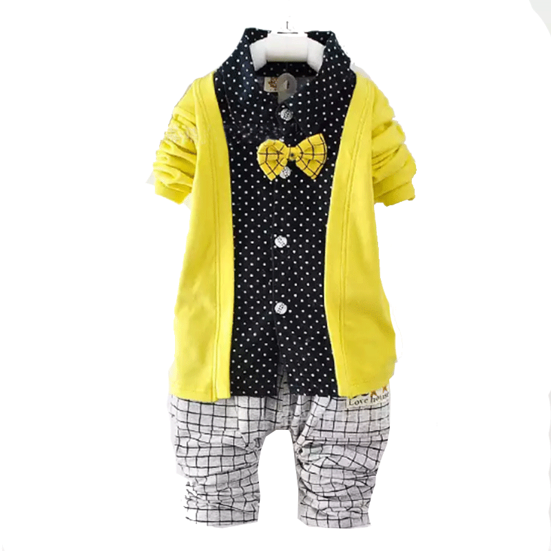 ชุดเซ็ตเด็กชาย เสื้อ + กางเกง  โทนสีเหลือง มีโบว์  ผ้ายืดเนื้อนิ่ม สำหรับเด็ก 1-6 ปี