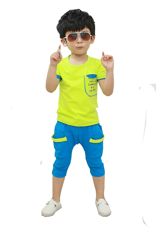 ชุดเซ็ตเด็กชาย เสื้อ+กางเกง สีเหลือง ฟ้า สำหรับเด็ก 4-10 ปี 